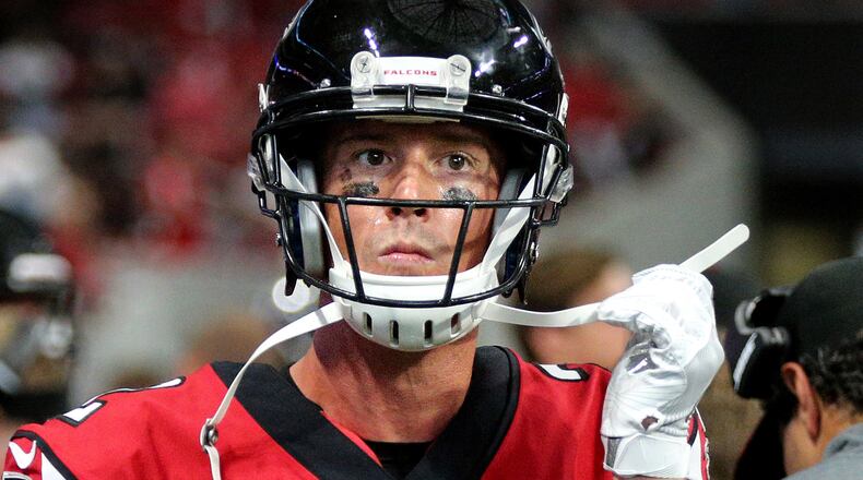 Falcons quarterback Matt Ryan appears stunned on the sidelines after throwing a interception to Miami in the final minute of the game Sunday, Oct. 15, 2017, in Atlanta.