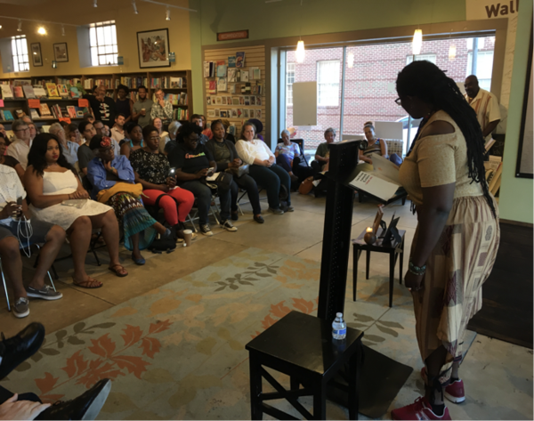 Photos of Hub City Press writers’ workshops and bookshop in Spartanburg, South Carolina. Hub City Press received a grant from the South Arts Resilience Fund.