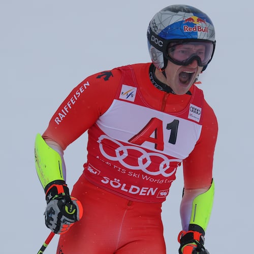 Switzerland's Marco Odermatt celebrates at the finish area of an alpine ski, men's World Cup giant slalom, in Soelden, Austria, Sunday, Oct. 26, 2025. (AP Photo/Alessandro Trovati)