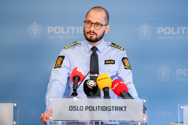 Police Attorney Andreas Kruszewski from the Oslo Police District, gives an update on the case against Marius Borg Høiby in the press room at the Police Headquarters in Oslo, Friday, June 27, 2025. (Ole Berg-Rusten/NTB Scanpix via AP)