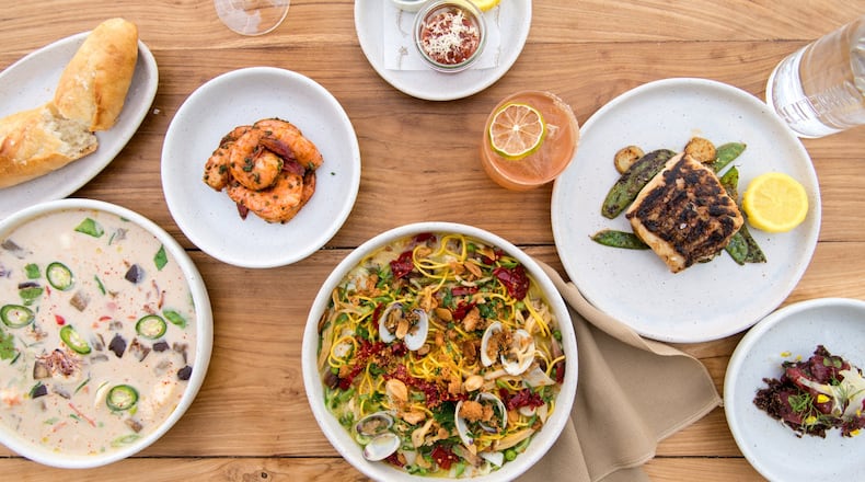 Lapeer Seafood Market Carribean Fish Stew for 2, Jumbo Gulf Shrimp, Spaghetti a la Chitarra, Grilled Fish, and Tuna Cubes. Photo credit- Mia Yakel.