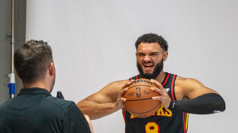 Hawks player David Roddy, #8, poses for photos during media day. Hawks media day takes place on Monday, Sept 30, 2024 where media outlets including the Associated Press, Getty, NBA and many others gather to take photos, conduct interviews and gather footage. (Jenni Girtman for The Atlanta Journal-Constitution)