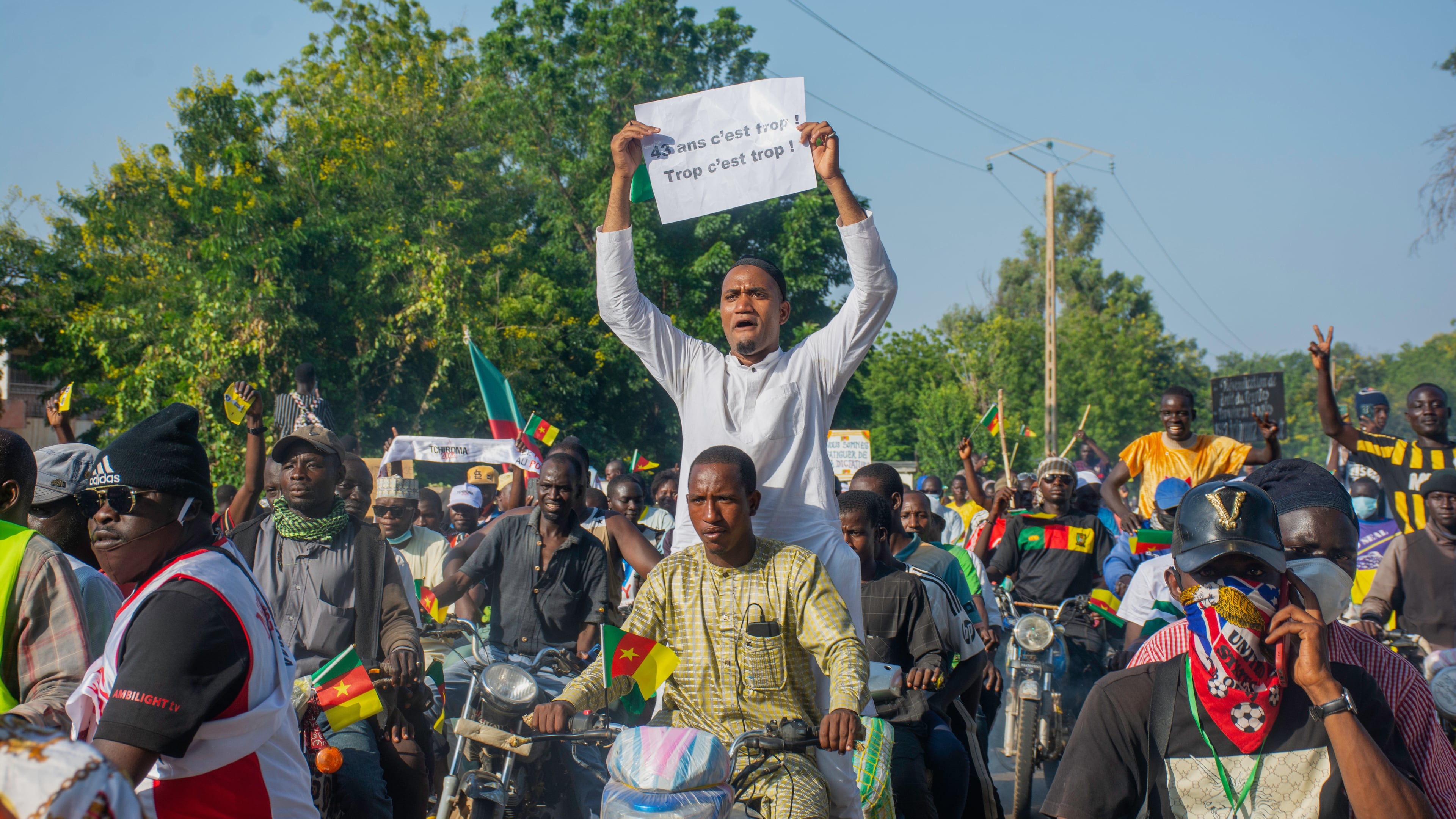 Supporters of opposition presidential candidate Issa Tchiroma, protest on the streets of Garoua, Cameroon, Sunday, Oct. 26, 2025. (AP Photo/Welba Yamo Pascal)
