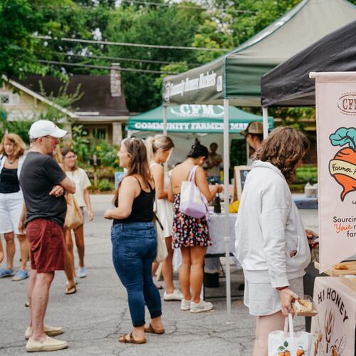 The Saturday morning Oakhurst Farmers Market from Community Farmers Markets is set up in the middle of the Oakhurst neighborhood commercial hub. (Courtesy of Community Farmers Markets)