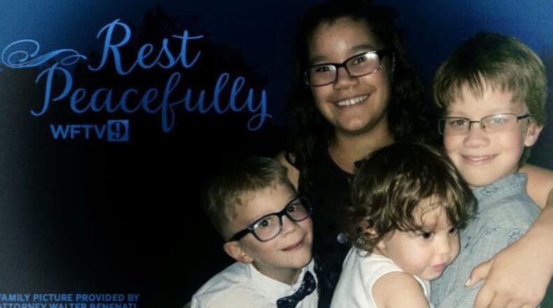 The children killed in an Orlando police standoff with their mother's boyfriend are from top left (clockwise) Lillia Pluth, Irayan Pluth, Dove Lindsey and Aidan Lindsey. The children were laid to rest Saturday in Orlando.