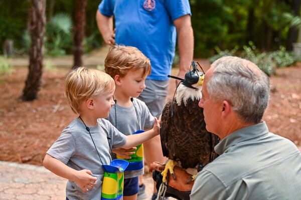 Two of Ben and Chelsea Edwards' triplets pet Freedom II during a recent visit to the wildlife center.(Sarah Peacock for the AJC)