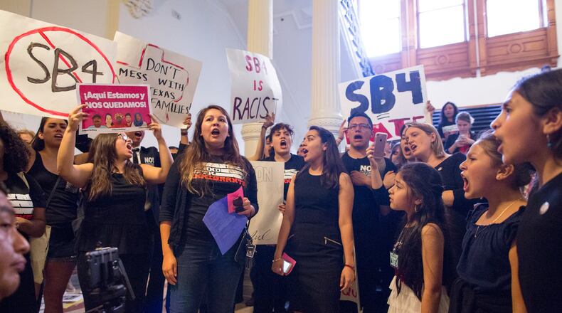 Protesters against Senate Bill 4 outside the House chamber. (TOM McCARTHY JR. FOR AUSTIN AMERICAN-STATESMAN)