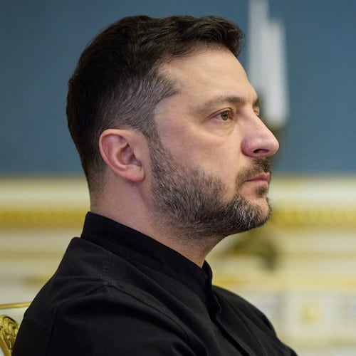 In this photo provided by the Ukrainian Presidential Press Office, Ukrainian President Volodymyr Zelenskyy attends a news conference in Kyiv, Ukraine, Friday, Oct. 31, 2025. (Ukrainian Presidential Press Office via AP)