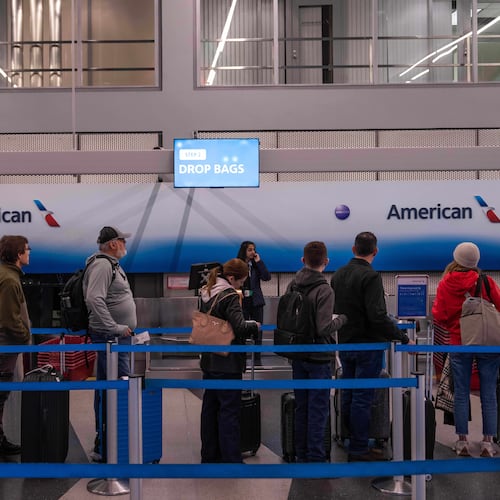 People wait in line to check in to American Airlines flights at Chicago O'Hare International Airport in Chicago, Ill., Sunday, Nov. 9, 2025. (AP Photo/Adam Gray)