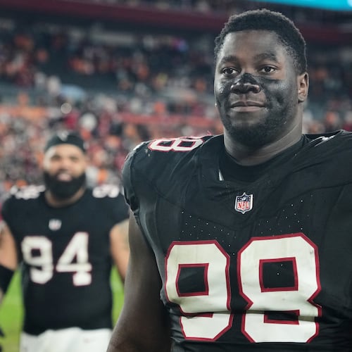 FILE - Atlanta Falcons defensive tackle Ruke Orhorhoro (98) leaves the field following an NFL football game against the Tampa Bay Buccaneers, Thursday, Dec 11, 2025, in Tampa, Fla. (AP Photo/Peter Joneleit, File)