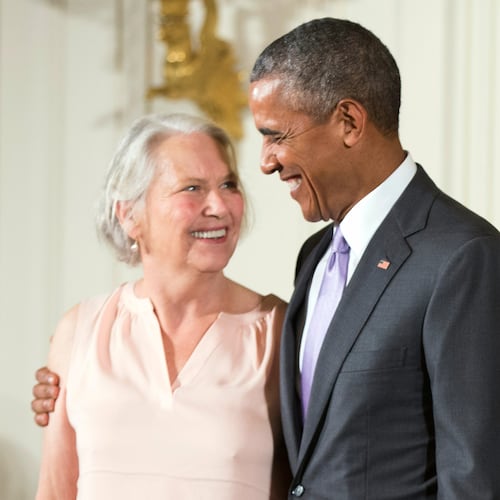 FILE - President Barack Obama appears with author Annie Dillard, recipient of the 2014 National Humanities Medal, during a ceremony in the East Room at the White House in Washington on Sept. 10, 2015. (AP Photo/Andrew Harnik, File)