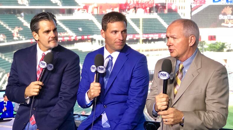 Braves broadcasters (l-r) Chip Caray, Jeff Francoeur and Joe Simpson.