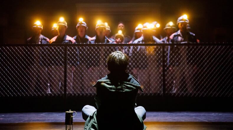 A young boy (Liam Redford, in foreground) struggles to escape a life in the coalmines in City Springs Theatre’s production of the musical “Billy Elliot.” CONTRIBUTED BY BEN ROSE