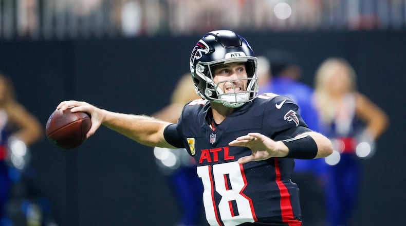 Atlanta Falcons quarterback Kirk Cousins (18) attempts a pass during the first half of an NFL football game against the Dallas Cowboys on Sunday, November 3, 2024, at Mercedes-Benz Stadium in Atlanta.
(Miguel Martinez/ AJC)
