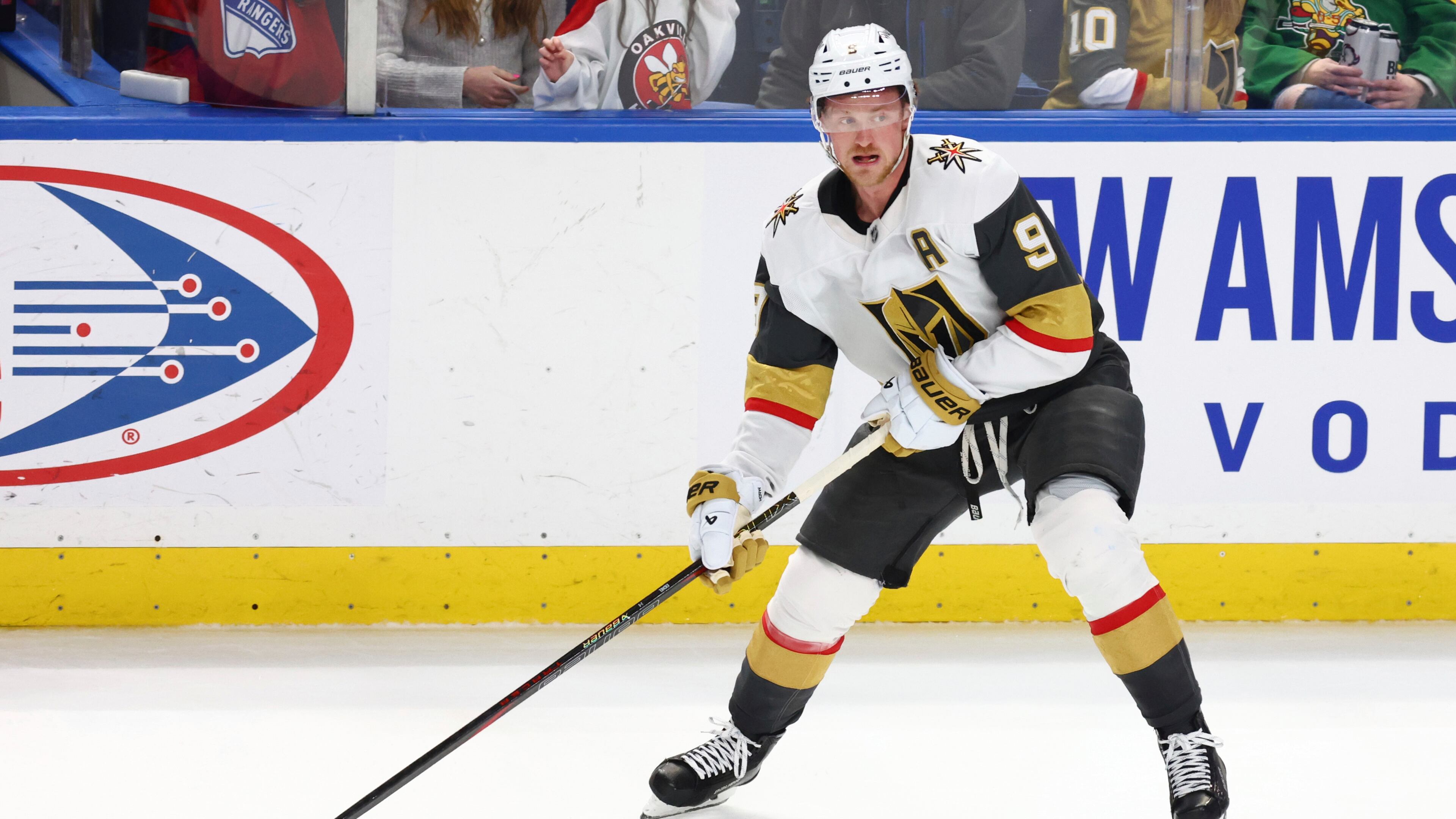 FILE - Vegas Golden Knights center Jack Eichel (9) skates with the puck during the third period of an NHL hockey game against the Buffalo Sabres Saturday, March 15, 2025, in Buffalo, N.Y. (AP Photo/Jeffrey T. Barnes, File)