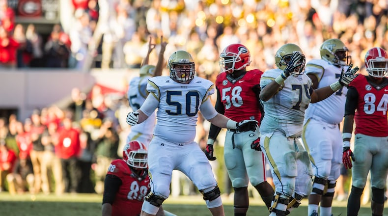Georgia Tech offensive lineman Andrew Marshall (50) will miss the season opener with a lower-body injury.