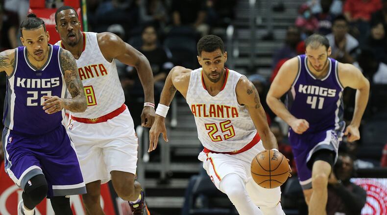 Hawks’ Thabo Sefolosha makes a steal from the Kings during the second period in an NBA basketball game on Monday, Oct. 31, 2016, in Atlanta. Curtis Compton /ccompton@ajc.com