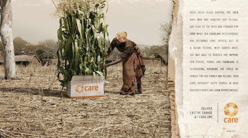 A new marketing campaign by CARE intends to emphasize the agency’s role in promoting development. This image from a display ad suggests that out of today’s CARE Package grows a healthy agricultural economy.