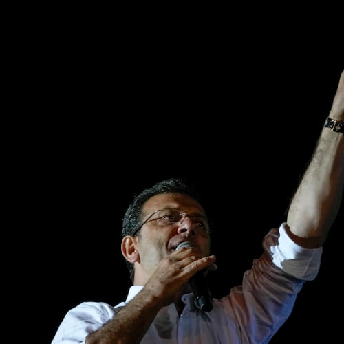 FILE - Istanbul Mayor and Republican People's Party, or CHP, candidate Ekrem Imamoglu addresses supporters outside the City Hall in Istanbul, Turkey, early Monday, April 1, 2024. (AP Photo/Khalil Hamra, file)