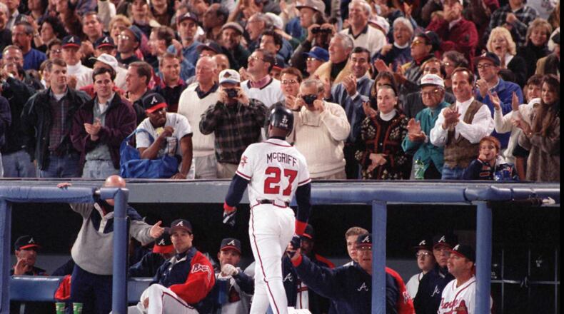 Braves great Fred McGriff is cheered after a home run.