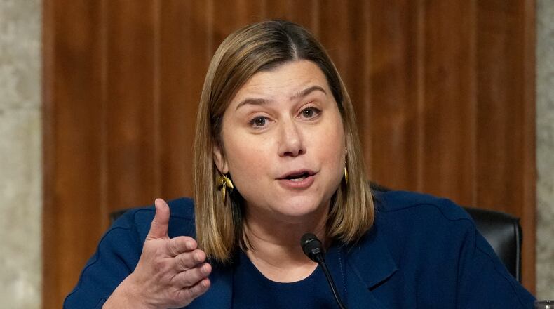 FILE - Sen. Elissa Slotkin, D-Mich., speaks during a hearing at the Capitol in Washington, Jan. 14, 2025. (AP Photo/Ben Curtis, File)