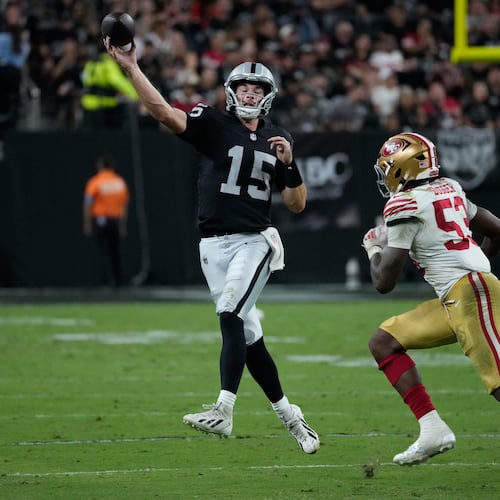 Las Vegas Raiders quarterback Fernando Mendoza (15) throws under pressure from San Francisco 49ers linebacker Jaden Dugger (53) during the second half of an NFL preseason football game, Thursday, Aug. 27, 2026, in Las Vegas. (AP Photo/John Locher)