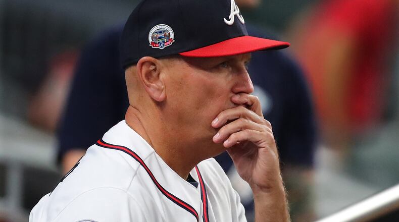 May 3, 2017, Atlanta: Atlanta Braves manager Brian Snitker looks on during the 9th inning in a 16-5 loss to the New York Mets in a MLB baseball game on Wednesday, May 3, 2017, in Atlanta. Curtis Compton/ccompton@ajc.com