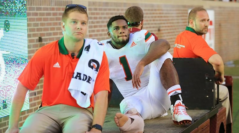 Miami running back Mark Walton was sidelined in the Hurricanes’ win over Florida State with what proved a season-ending injury.