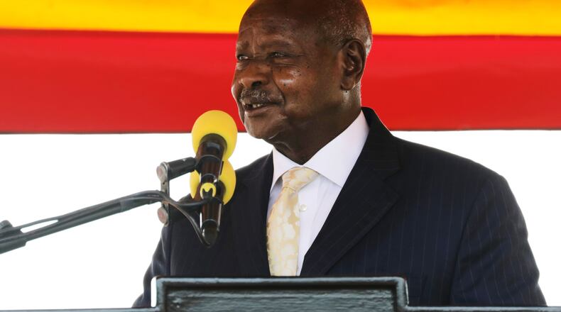 FILE - Ugandan President Yoweri Museveni speaks during the 60th Independence Anniversary Celebrations, in Kololo, Uganda, Sunday Oct. 9, 2022. (AP Photo/Hajarah Nalwadda, file)