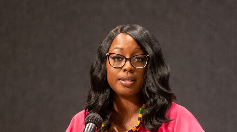 Chairwoman Nicole Love Hendrickson and other members of the Gwinnett County Board of Commissioners acknowledged the 1911 lynching death of Charles Hale in Lawrenceville Tuesday. (Jenni Girtman for The Atlanta Journal-Constitution) AJC FILE PHOTO