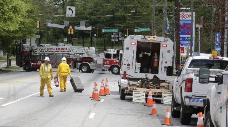 April 12, 2016 - Atlanta - The Atlanta Fire Department is on the scene as Ponce De Leon Ave. is shut down between N. Highland Ave and Briarcliff Rd / Moreland Ave due to a gas leak at a construction site on Ponce. BOB ANDRES / BANDRES@AJC.COM