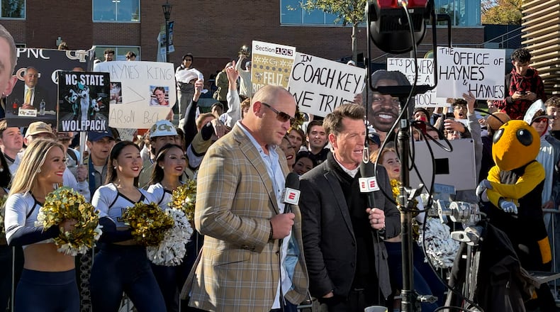 Georgia Tech football coach Brent Key during a "SportsCenter on Campus" visit ahead of the Georgia Tech-North Carolina State football game.