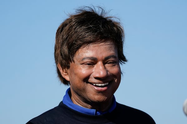 FILE - Rep. Shri Thanedar, D-Mich., speaks at the Labor Day parade in Detroit, Sept. 4, 2023. (AP Photo/Paul Sancya, File)