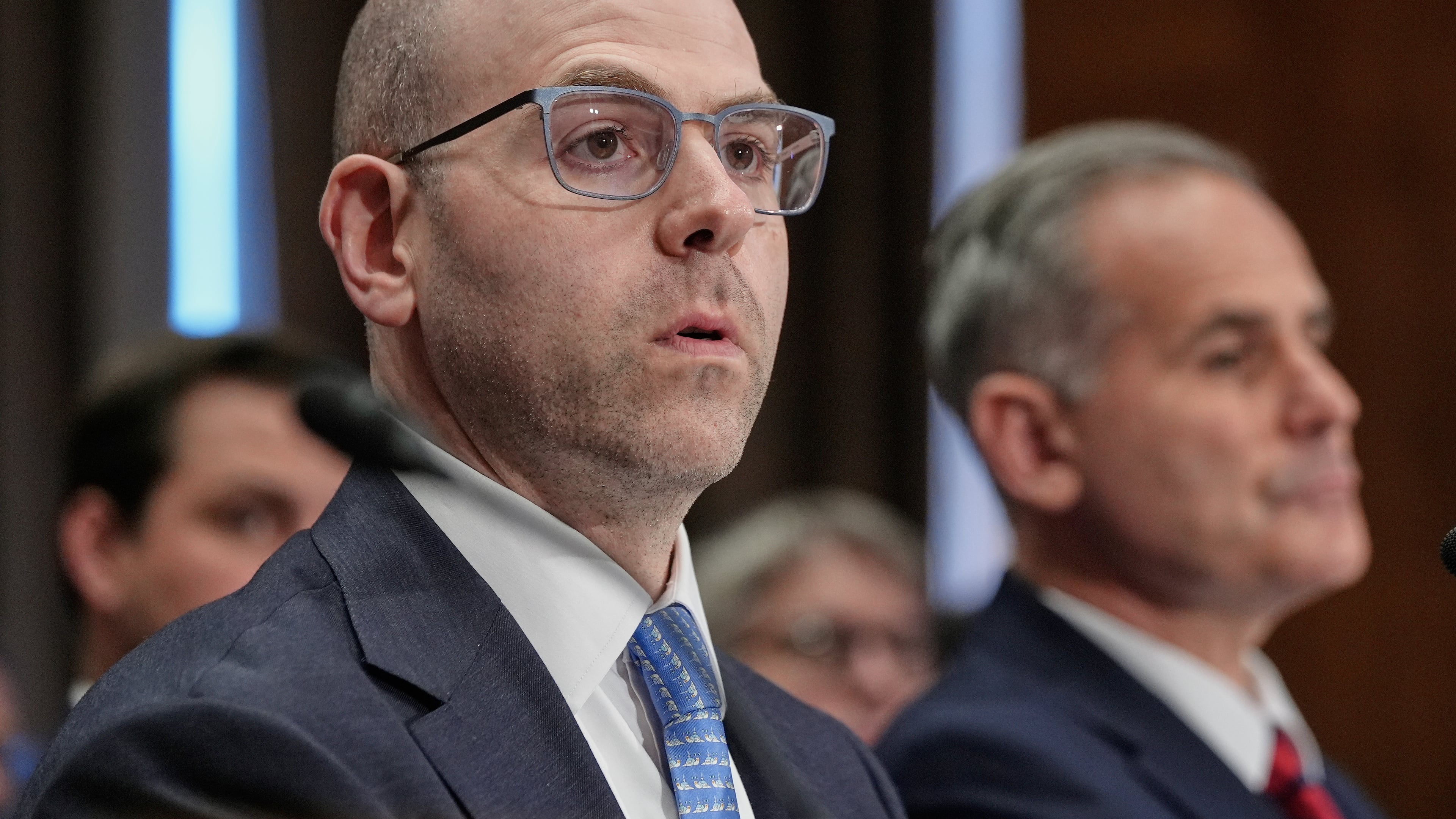 Stephen Miran testifies during a Senate Banking Committee hearing on his nomination to be a member of the Board of Governors of the Federal Reserve System, on Capitol Hill Thursday, Sept. 4, 2025, in Washington. (AP Photo/Mariam Zuhaib)