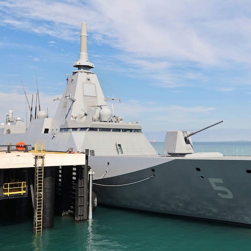 FILE -Japanese warship the JS Yahagi, a Mogami-class stealth frigate from Japan's Maritime Self-Defense Force, is docked in Darwin, Australia, on June 6, 2025. (Kyodo News via AP, File)