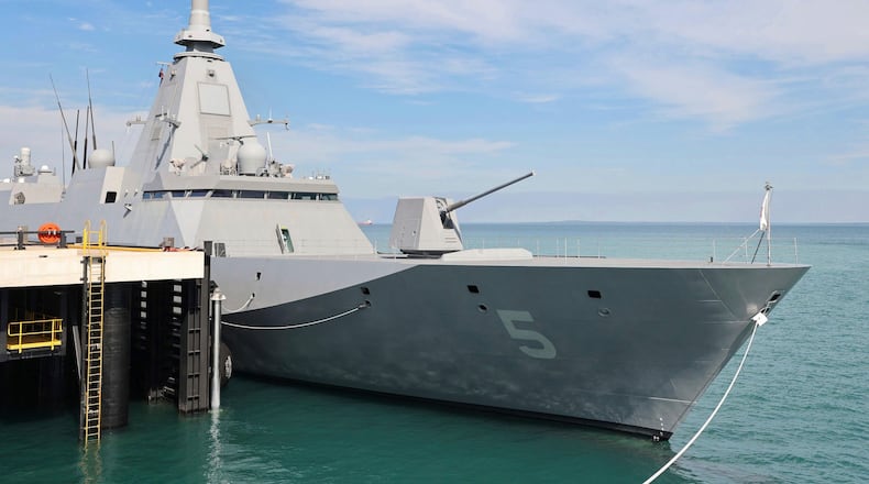 FILE -Japanese warship the JS Yahagi, a Mogami-class stealth frigate from Japan's Maritime Self-Defense Force, is docked in Darwin, Australia, on June 6, 2025. (Kyodo News via AP, File)