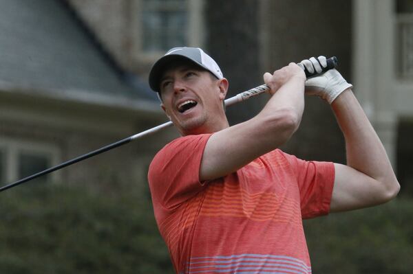  April 14, 2014 - Duluth - Matt Ryan reacts to one of his tee shots. Atlanta Falcons quarterback Matt Ryan and the Aflac Cancer and Blood Disorders Center of Childrenâ€™s Healthcare of Atlanta teamed up for the fourth annual Matt Ryan Celebrity-Am Classic. The tournament raises funds for the Aflac Cancer Center and the Matt Ryan Foundation. The 2014 Matt Ryan Celebrity - Am was held at TPC Sugarloaf ahead of the Greater Gwinnett Championship, the Champions Tour event at Sugarloaf to be held later this week. BOB ANDRES / BANDRES@AJC.COM