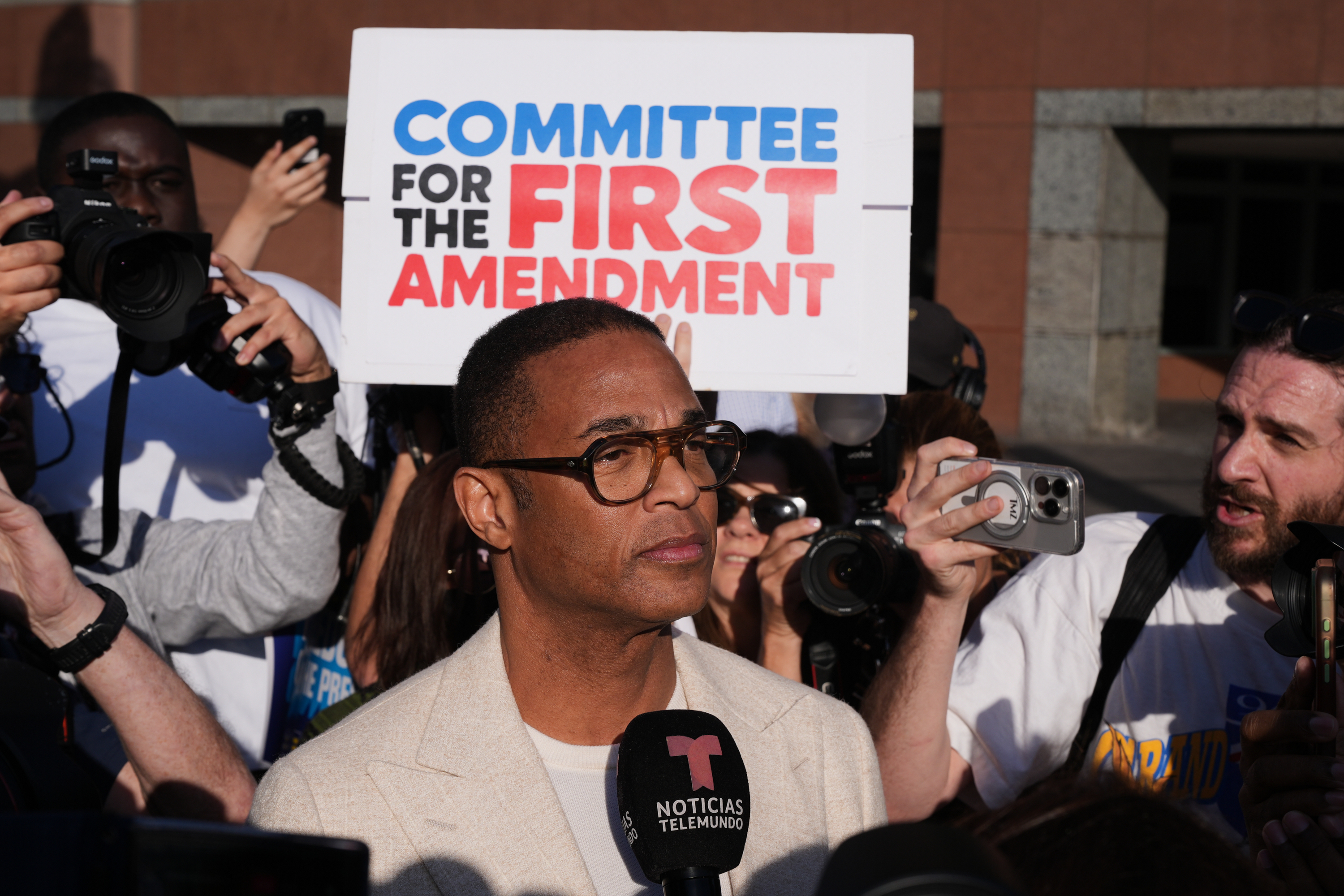 Journalist Don Lemon, talks to the media after a hearing at the Edward R. Roybal Federal Building in Los Angeles on Friday, Jan. 30, 2026. (AP Photo/Damian Dovarganes)