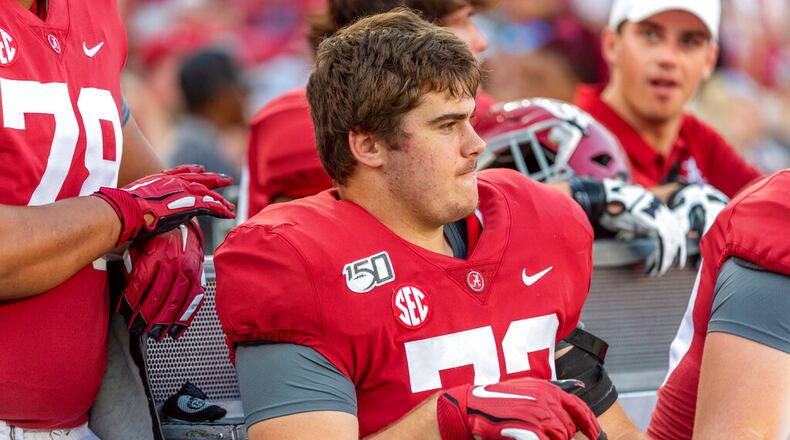Alabama offensive lineman Pierce Quick (72) sits on the sidelines during the second half of an NCAA college football game against Mississippi, Saturday, Sept. 28, 2019, in Tuscaloosa, Ala. (AP Photo/Vasha Hunt)