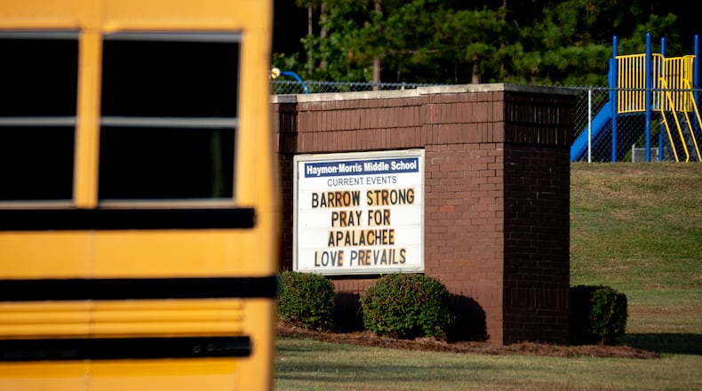 A school bus leaves Haymon-Morris Middle School. Students returned to most Barrow County schools on Tuesday, Sept. 10, 2024, for the first time after four were killed in a shooting at nearby Apalachee High School. (Ben Hendren for the AJC)