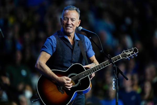FILE - Bruce Springsteen performs at a campaign rally supporting Democratic presidential nominee Vice President Kamala Harris, Oct. 28, 2024, in Philadelphia. (AP Photo/Matt Rourke, File)