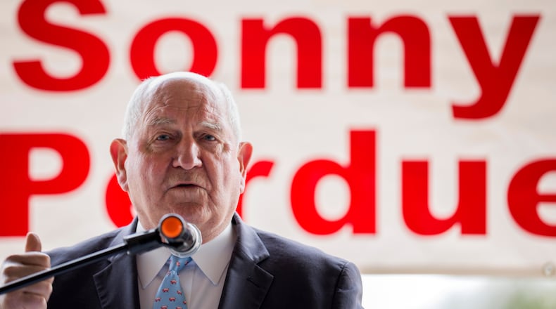 U.S. Secretary of Agriculture Sonny Perdue speaks at an event at the Spring Hollow Farm in Claxton, Ga., in January of 2021. (AJC Photo/Stephen B. Morton)