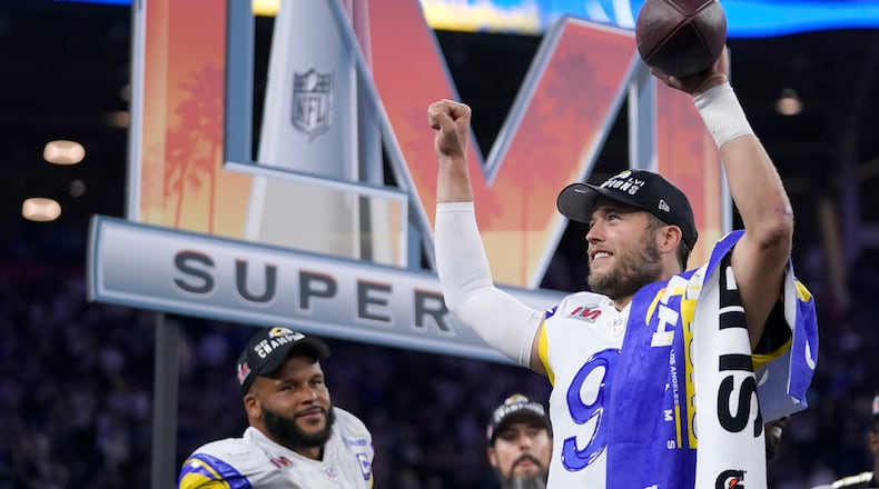 Rams quarterback Matthew Stafford celebrates after LA defeated the Cincinnati Bengals in the Super Bowl. (AP Photo/Marcio Jose Sanchez)