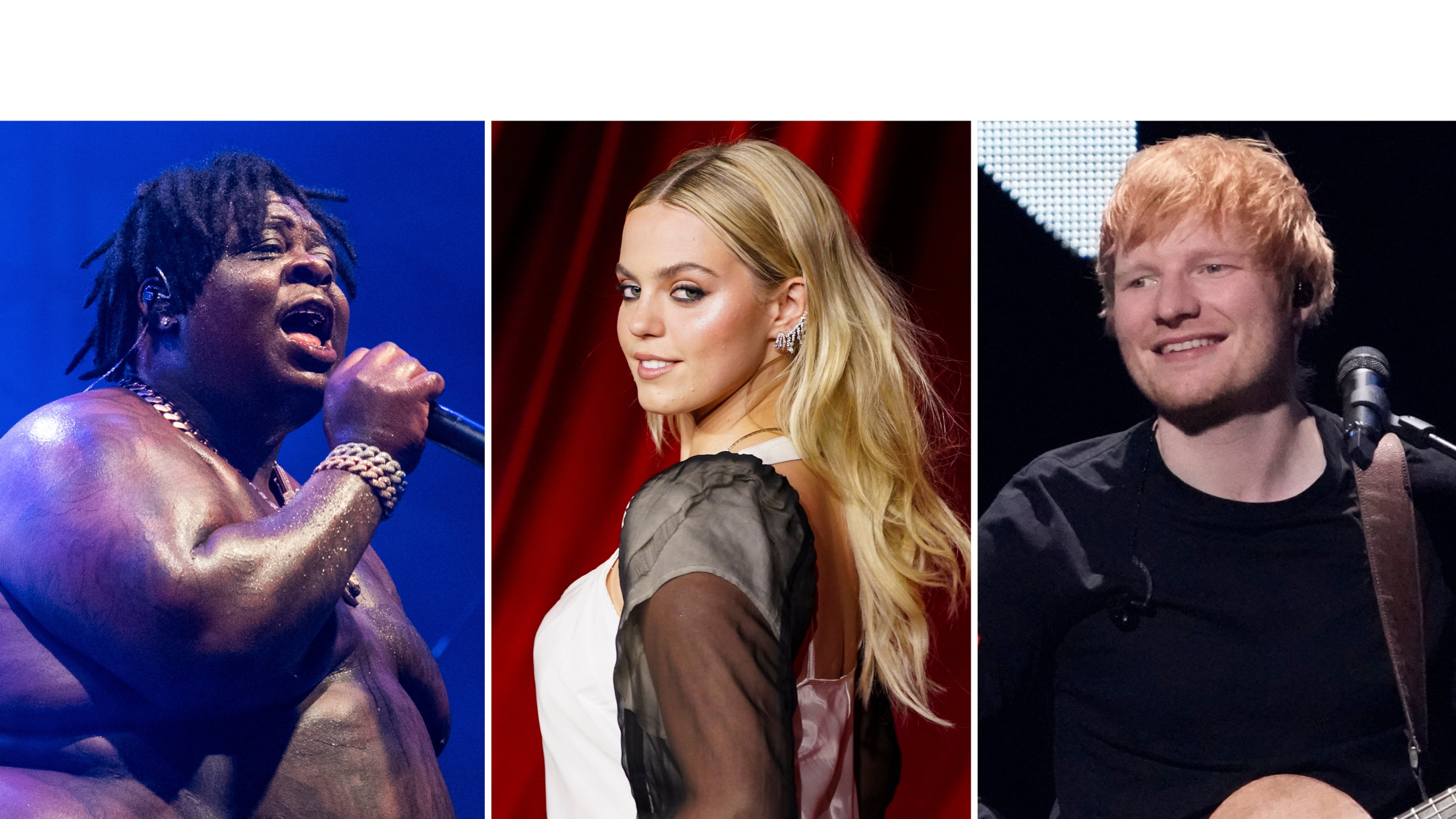This combination of photos show, from left, BigXthaPlug, Reneé Rapp and Ed Sheeran. (AP Photo)