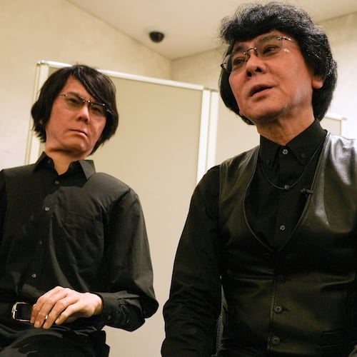 Professor Hiroshi Ishiguro, right, of Osaka University talks to android robot Geminoid at the Humanoids Summit 2026 in Tokyo, Thursday, May 28, 2026. (AP Photo/Ayaka McGill)