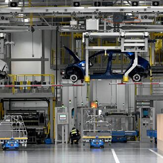 Hyundai IONIQ 5 electric vehicles advance to the next stage of the assembly line at Hyundai Motor Group Metaplant America (HMGMA) on Wednesday, May 6, 2026, in Ellabell, Georgia. (Hyosub Shin/AJC)