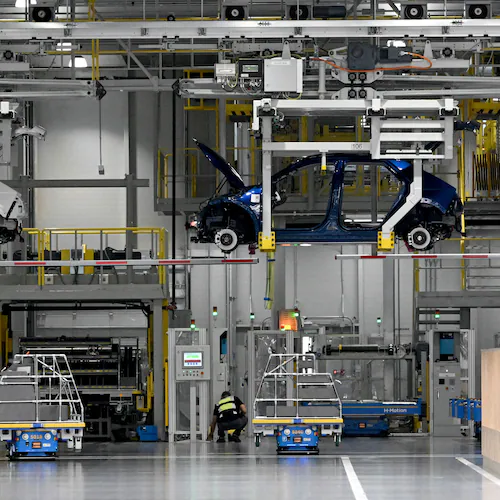 Hyundai IONIQ 5 electric vehicles advance to the next stage of the assembly line at Hyundai Motor Group Metaplant America (HMGMA) on Wednesday, May 6, 2026, in Ellabell, Georgia. (Hyosub Shin/AJC)