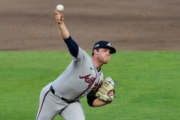 Atlanta Braves' Bryce Elder pitches to the Tampa Bay Rays during the second inning of a baseball game Friday, April 11, 2025, in Tampa, Fla. (AP Photo/Chris O'Meara)