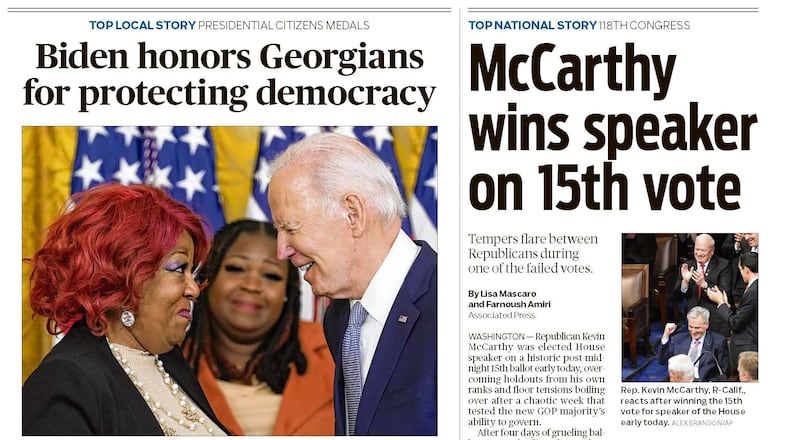 The front page of the ePaper edition on Saturday, Jan. 7. includes coverage of Kevin McCarthy's election as Speaker.