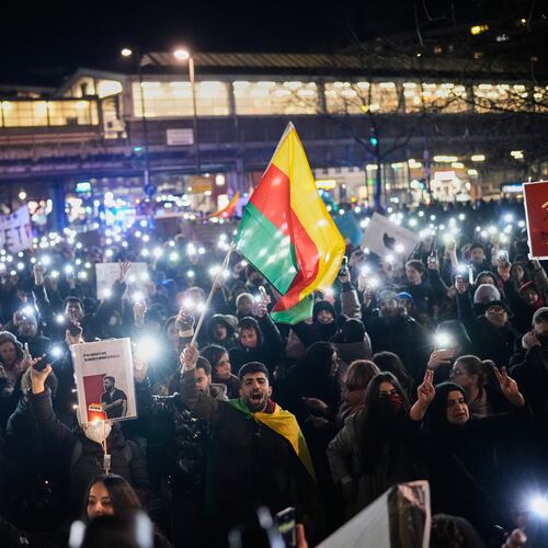 Protesters participate in a demonstration in support of the nationwide mass protests in Iran against the government, in Berlin, Germany, Wednesday, Jan. 14, 2026. (AP Photo/Ebrahim Noroozi)